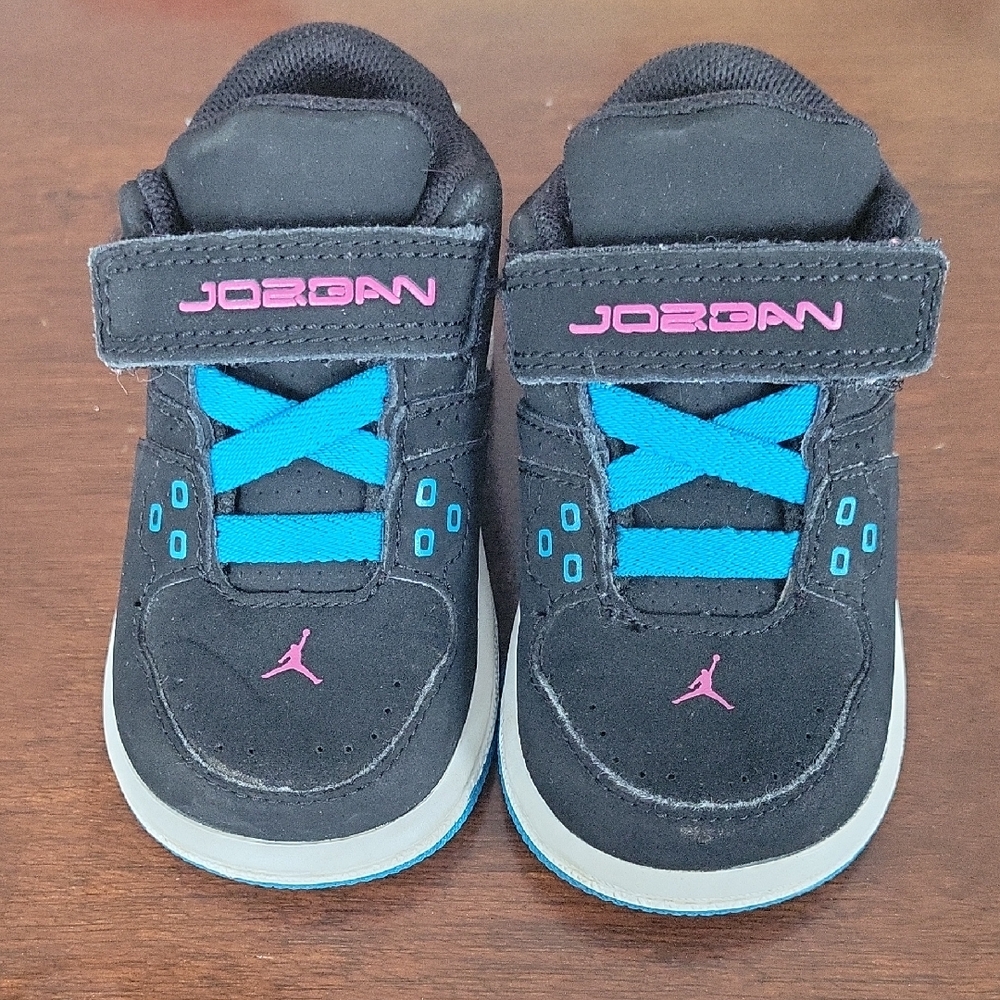 Jordan Kids Black Sneakers with Blue and Pink Accents